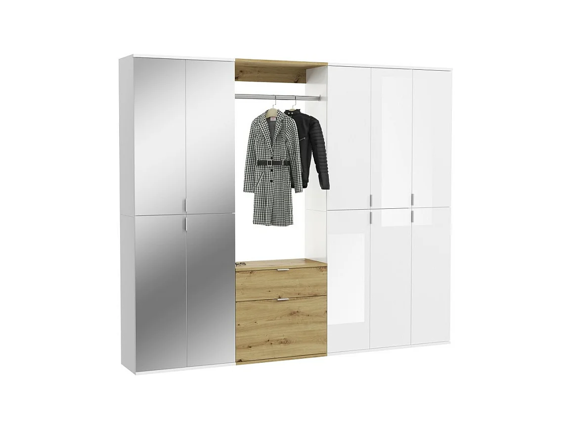Armoire de rangement 10 portes, 4 miroirs, 2 tiroirs et une penderie – Blanc et chêne – BODITE