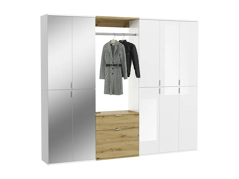 Armoire de rangement 10 portes, 4 miroirs, 2 tiroirs et une penderie – Blanc et chêne – BODITE