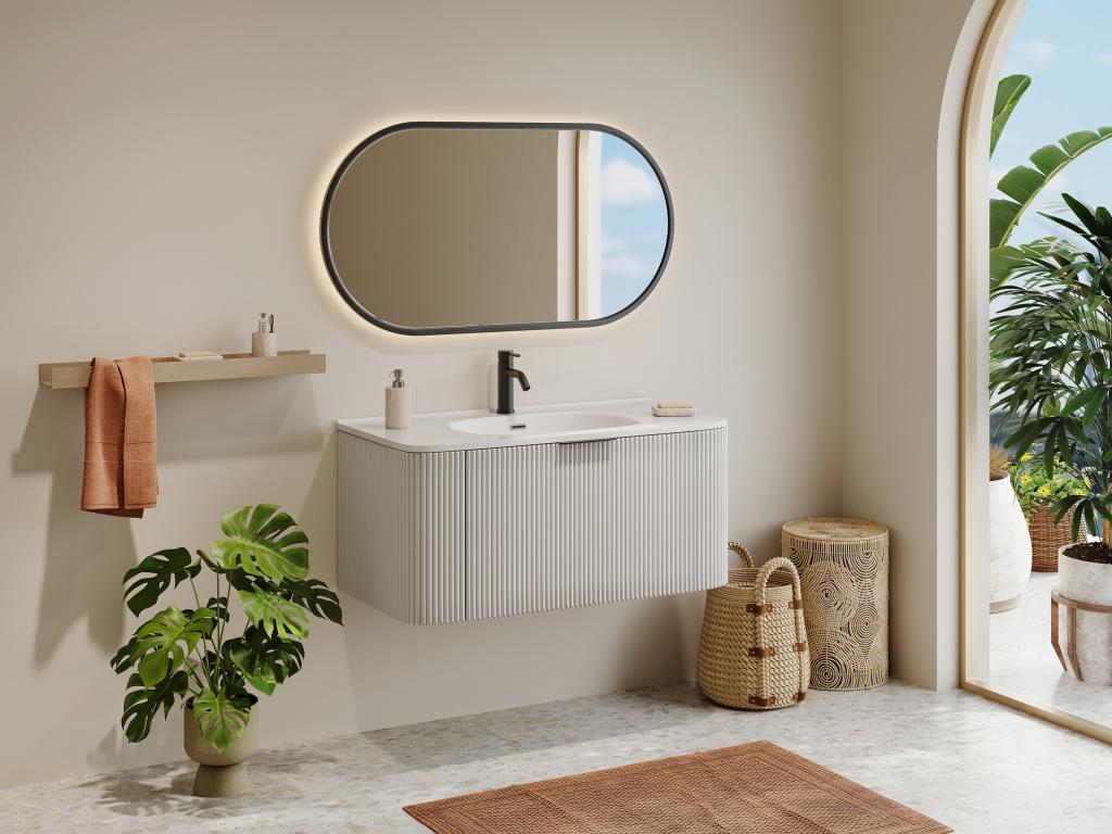 Meuble de salle de bain suspendu strié avec vasque à encastrer - Blanc mat - 100 cm - LOMERI