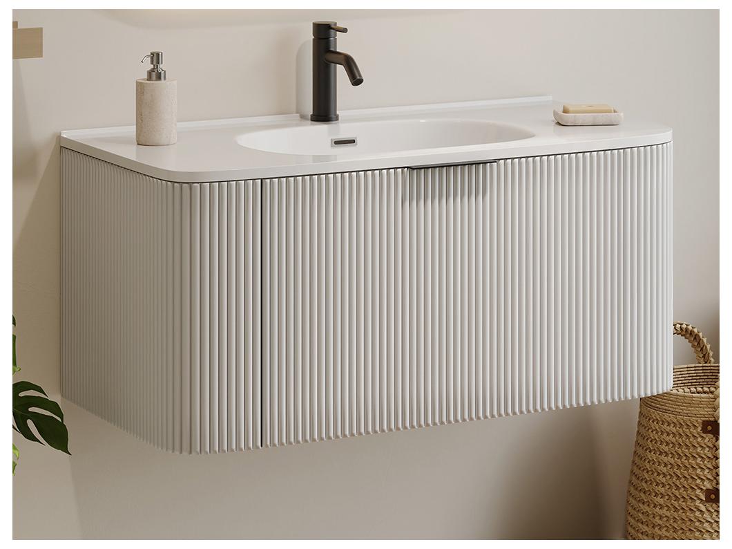 Meuble de salle de bain suspendu strié avec vasque à encastrer - Blanc mat - 100 cm - LOMERI