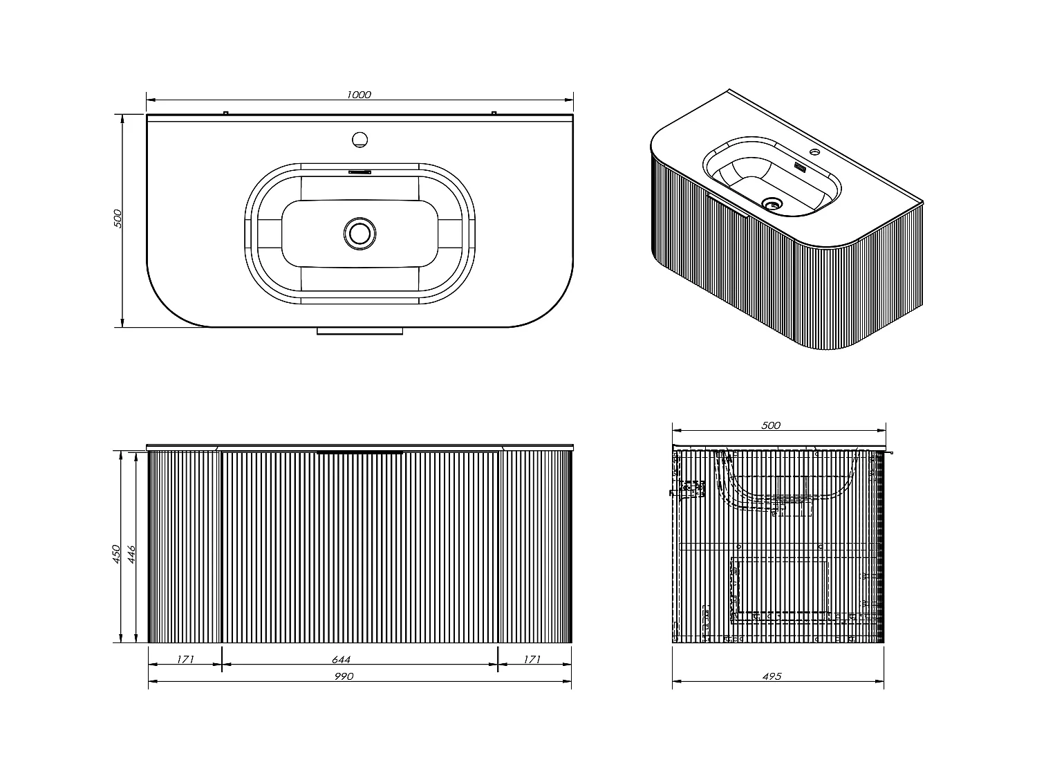 Meuble de salle de bain suspendu strié avec vasque à encastrer - Bleu mat - 100 cm - LOMERI