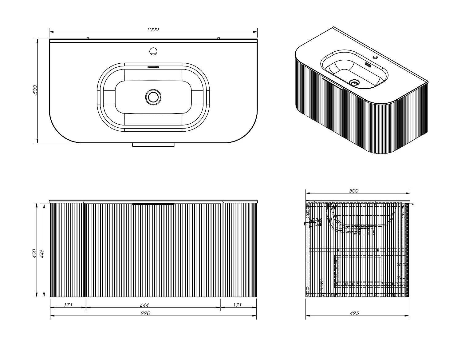 Meuble de salle de bain suspendu strié avec vasque à encastrer - Bleu mat - 100 cm - LOMERI