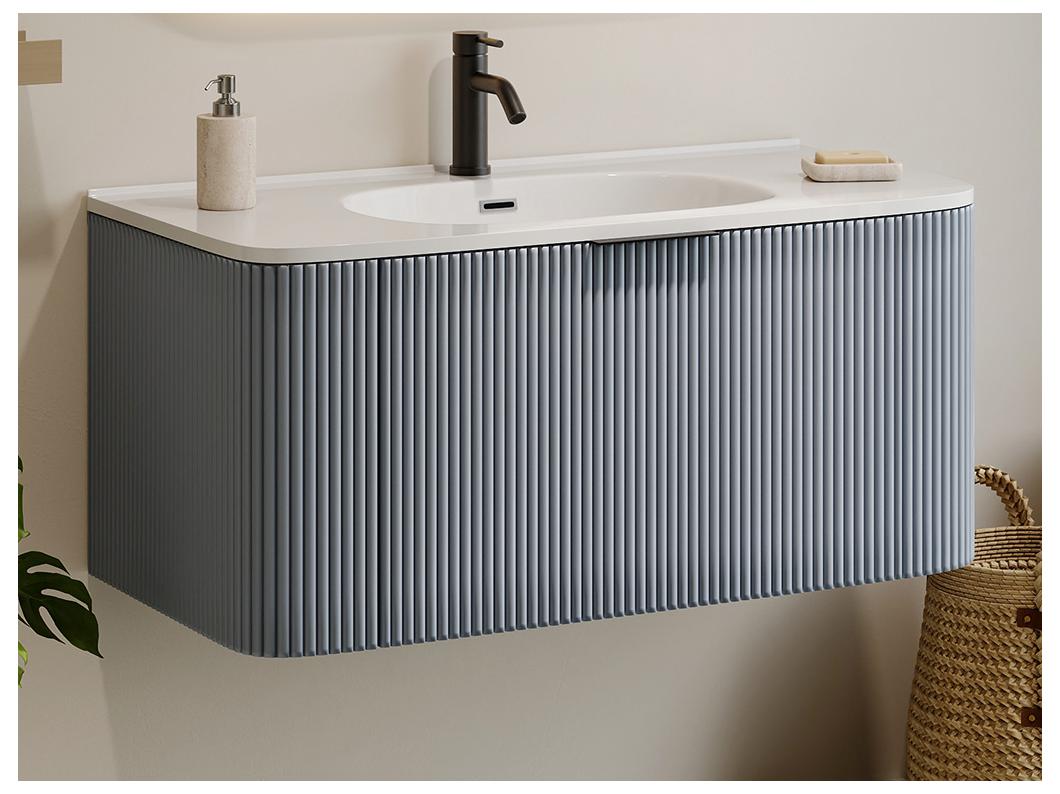 Meuble de salle de bain suspendu strié avec vasque à encastrer - Bleu mat - 100 cm - LOMERI