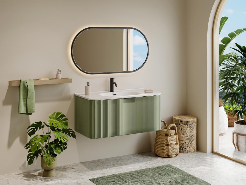 Meuble de salle de bain suspendu strié avec vasque à encastrer - Vert mat - 100 cm - LOMERI