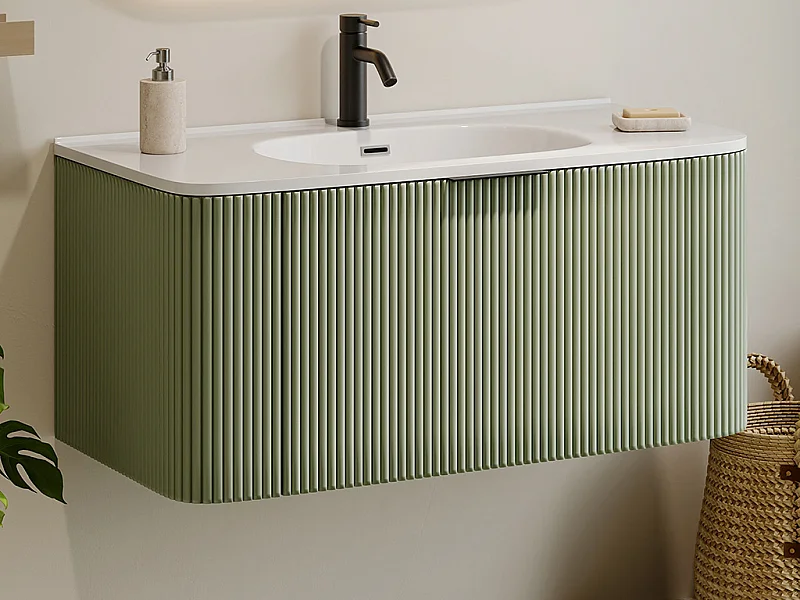 Meuble de salle de bain suspendu strié avec vasque à encastrer - Vert mat - 100 cm - LOMERI