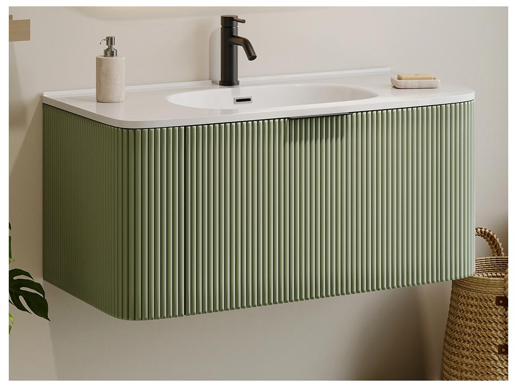 Meuble de salle de bain suspendu strié avec vasque à encastrer - Vert mat - 100 cm - LOMERI