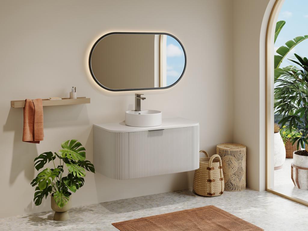 Meuble sous vasque suspendu strié - Blanc mat - 100 cm - LOMERI