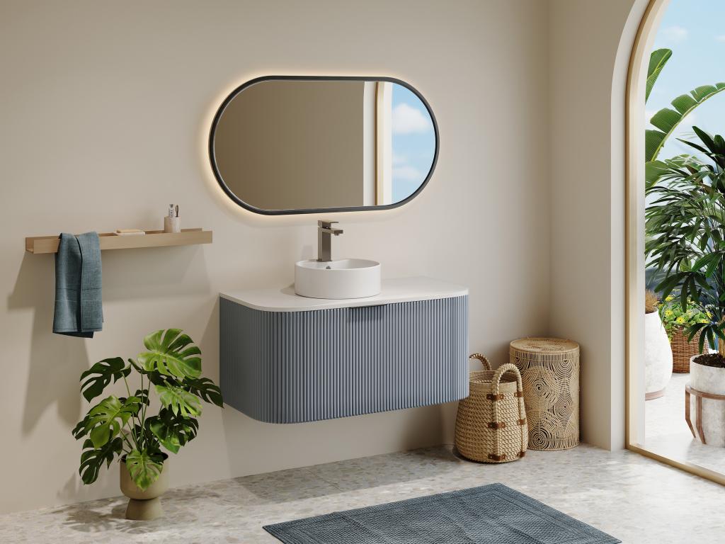 Meuble sous vasque suspendu strié - Bleu mat - 100 cm - LOMERI