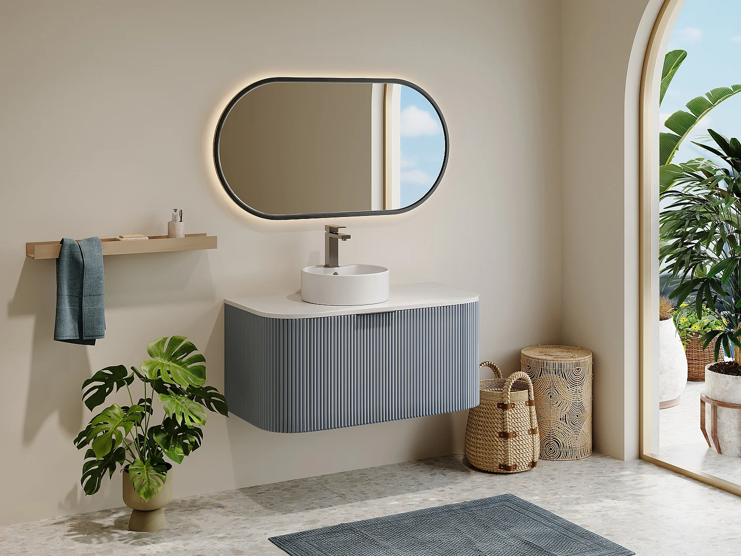 Meuble sous vasque suspendu strié - Bleu mat - 100 cm - LOMERI