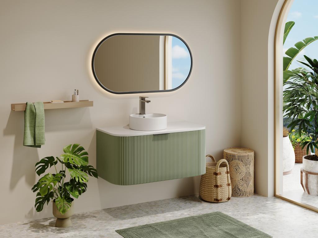 Meuble sous vasque suspendu strié - Vert mat - 100 cm - LOMERI