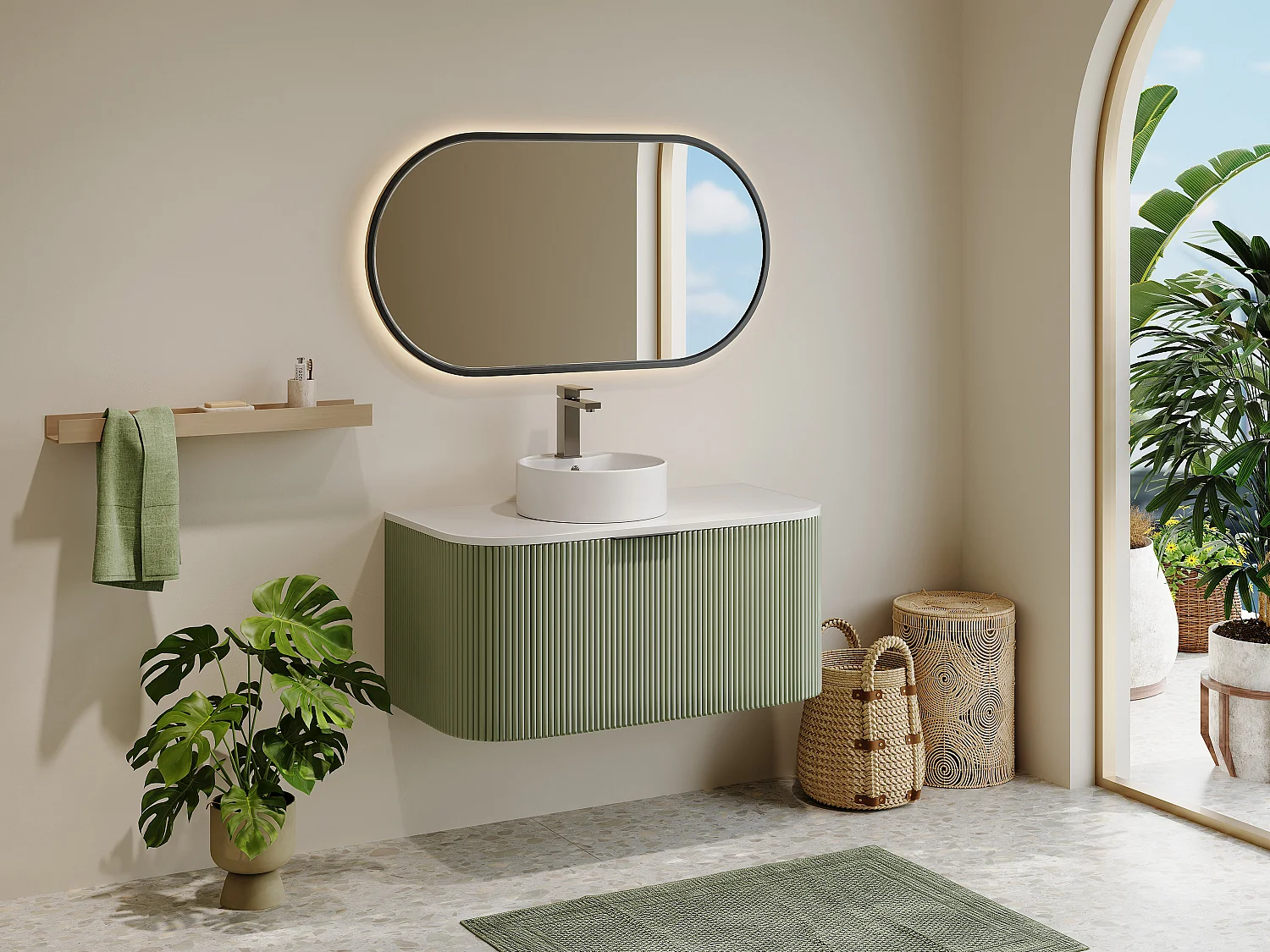 Meuble sous vasque suspendu strié - Vert mat - 100 cm - LOMERI