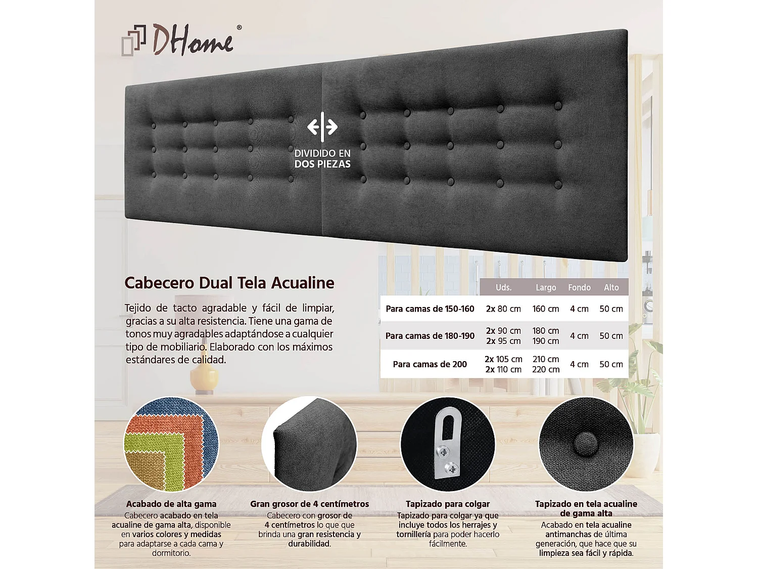 DHOME Testiera in Tessuto ACUALINE con 3 File di Bottoni Testiera Imbottita Letto di Lusso (Nero, 180cm (2 pezzi))