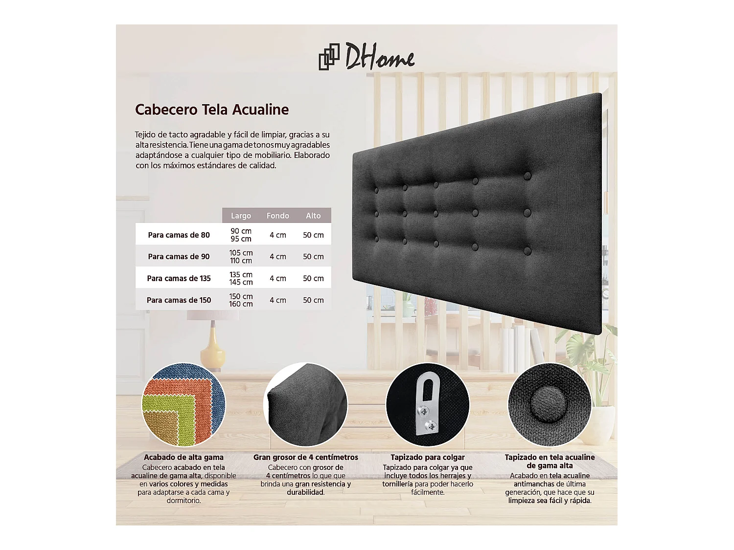 DHOME Kopfteil de Stoff ACUALINE mit 3 Knopfreihen und Beinen gepolstertes luxuriöses Bettkopfteil (Rojo, 95cm)