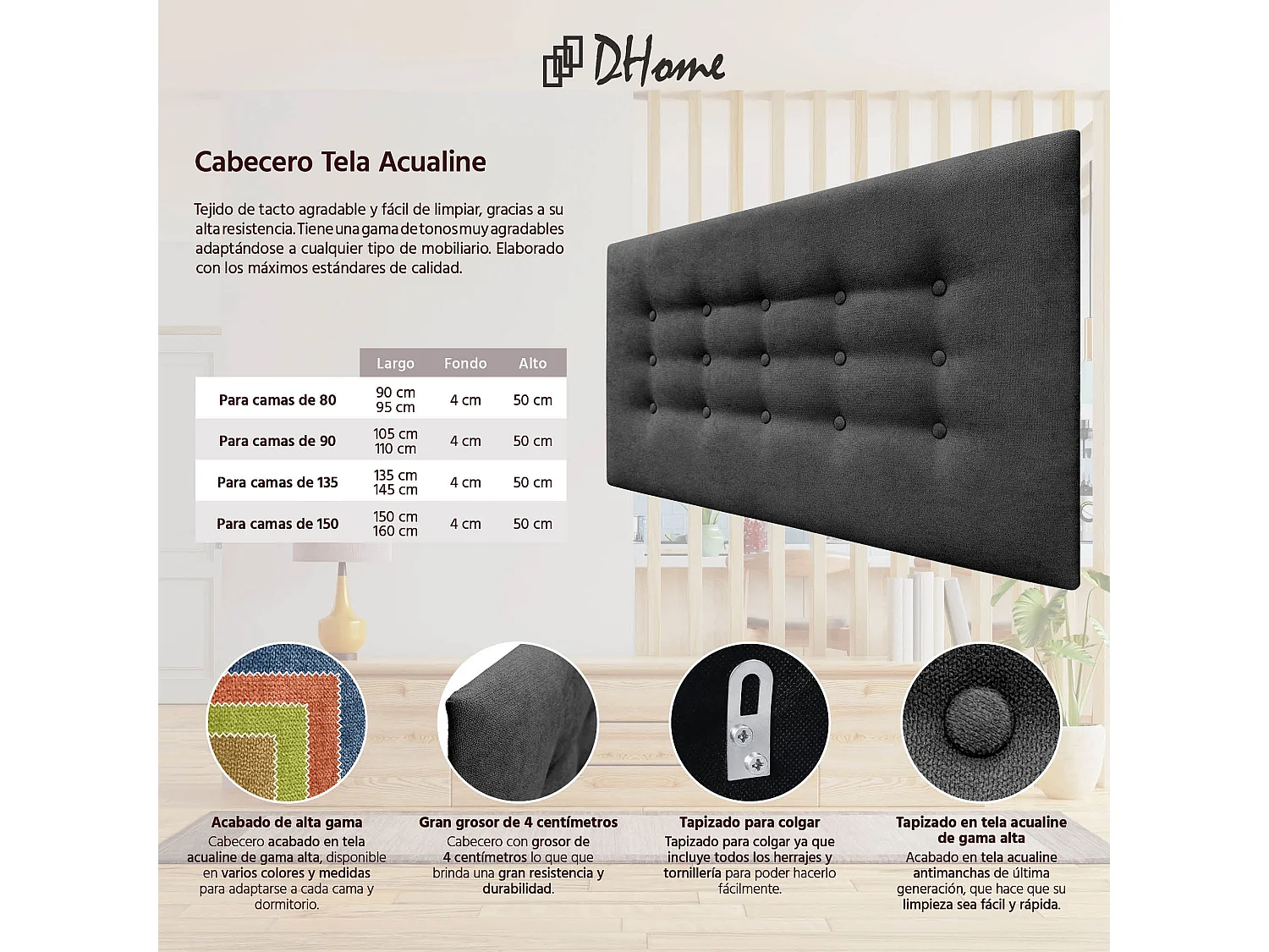 DHOME Tête de lit de tissu ACUALINE avec 3 rangées de boutons et pieds tête de lit capitonnée de luxe pour lit (Rojo, 95cm)