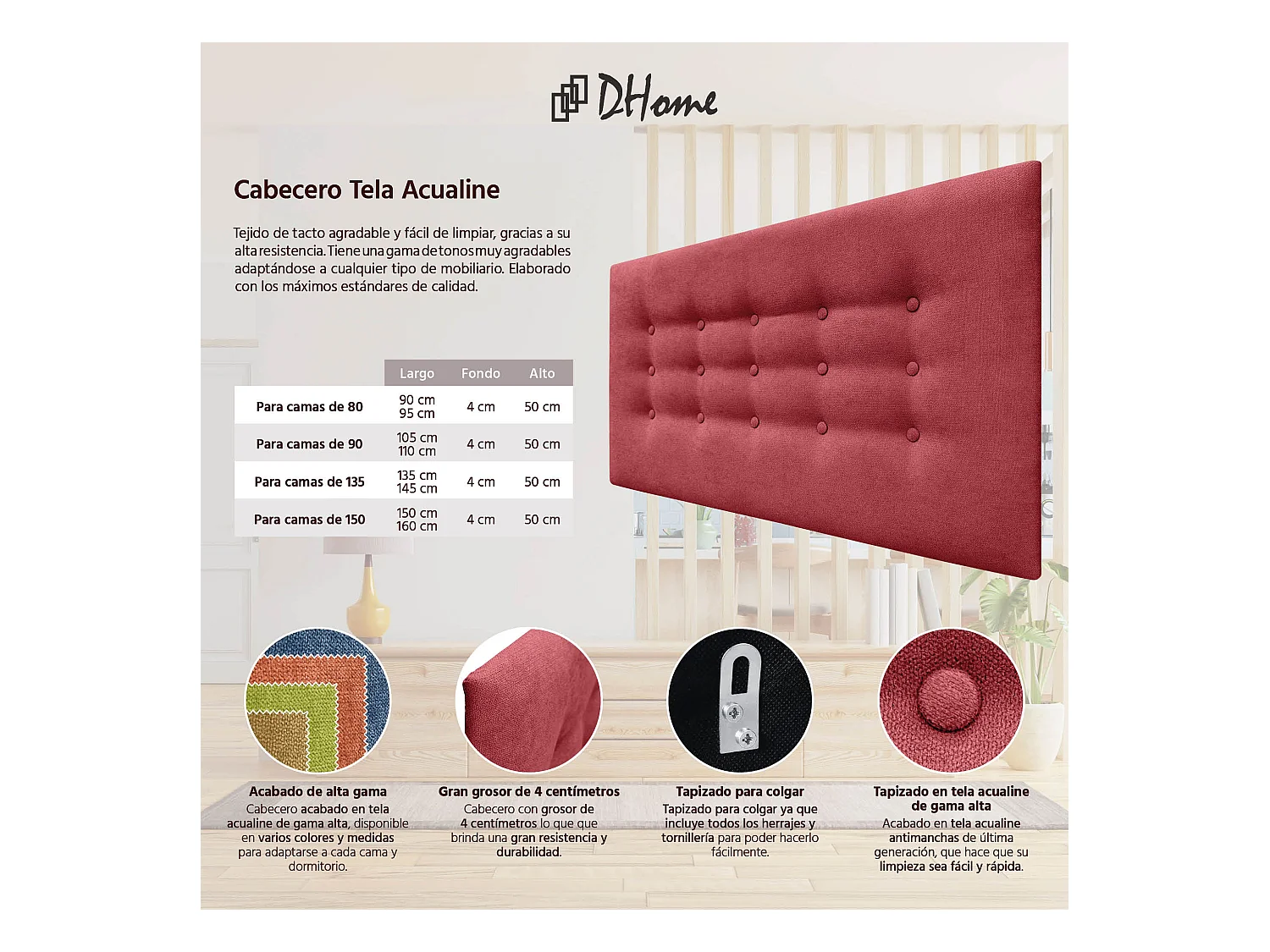 DHOME Tête de lit de tissu ACUALINE avec 3 rangées de boutons et pieds tête de lit capitonnée de luxe pour lit (Salmón, 110cm)