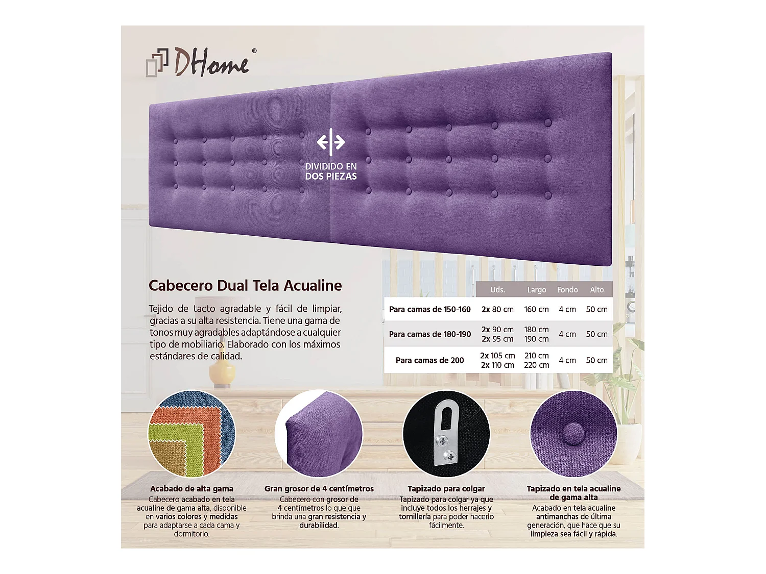 DHOME Testiera in Tessuto ACUALINE con 3 File di Bottoni Testiera Imbottita Letto di Lusso (Lilla, 190cm (2 pezzi))