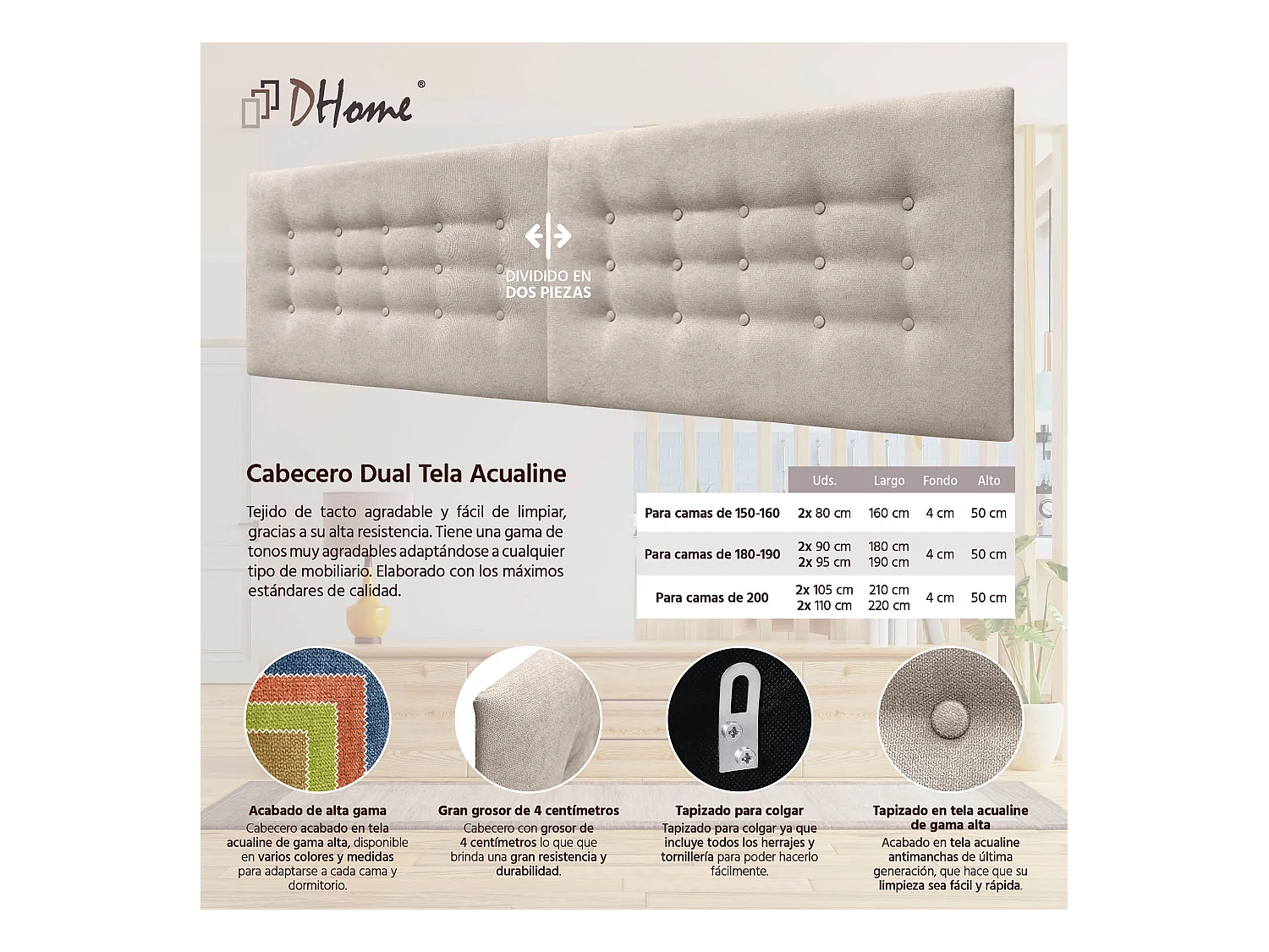 DHOME Tête de Lit en Tissu ACUALINE avec 3 Rangées de Boutons Tête de Lit Capitonnée de Luxe (Beige, 190cm (2 pièces))