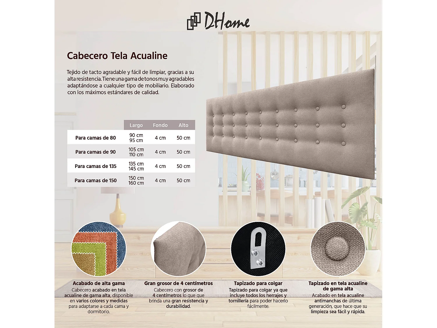 DHOME Tête de lit de tissu ACUALINE avec 3 rangées de boutons et pieds tête de lit capitonnée de luxe pour lit (Verde Agua, 160cm)