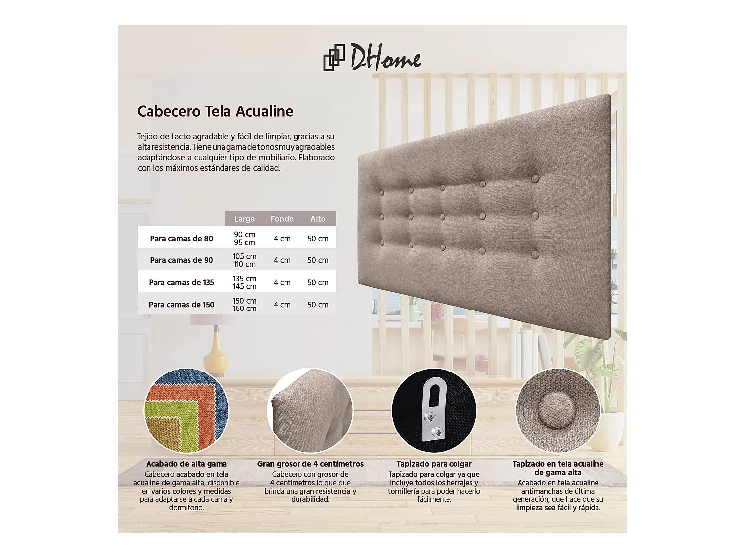 DHOME Kopfteil de Stoff ACUALINE mit 3 Knopfreihen und Beinen gepolstertes luxuriöses Bettkopfteil (Verde Agua, 95cm)