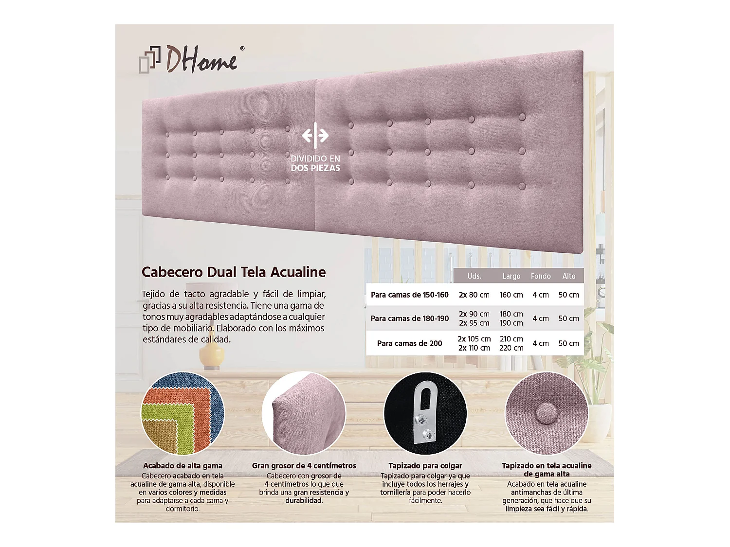 DHOME Testiera in Tessuto ACUALINE con 3 File di Bottoni Testiera Imbottita Letto di Lusso (Rosa, 180cm (2 pezzi))