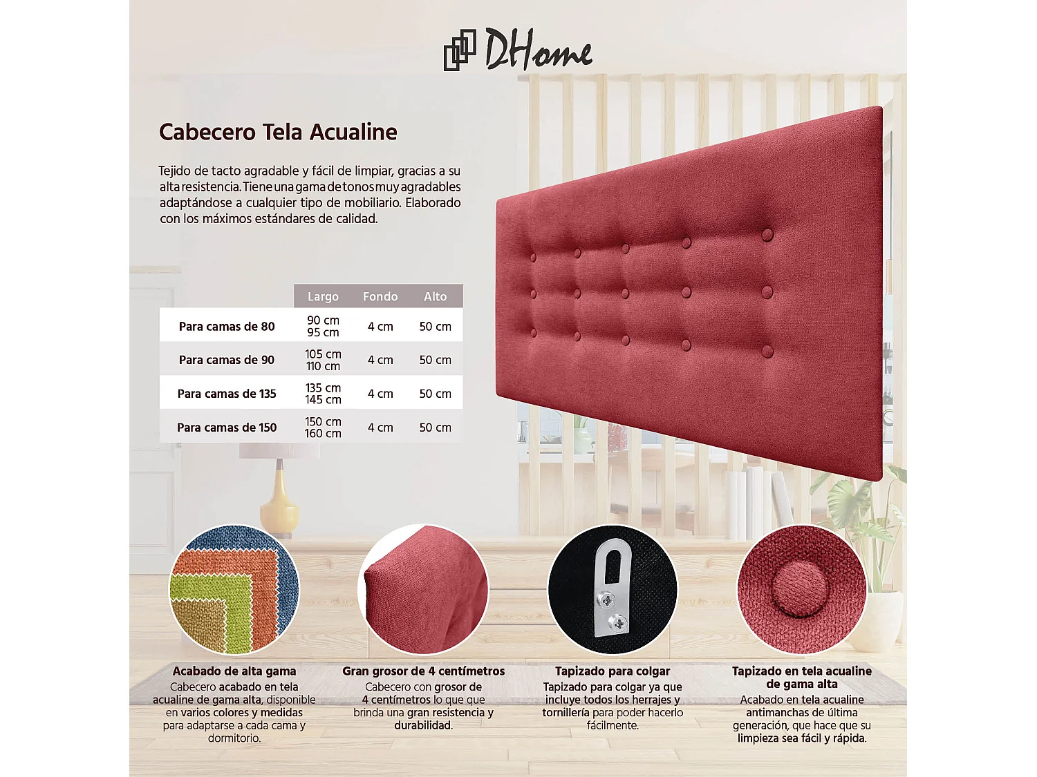 DHOME Cabeceira de tecido ACUALINE com 3 fileiras de botões e pés cabeceira estofada de luxo para cama (Salmón, 95cm)