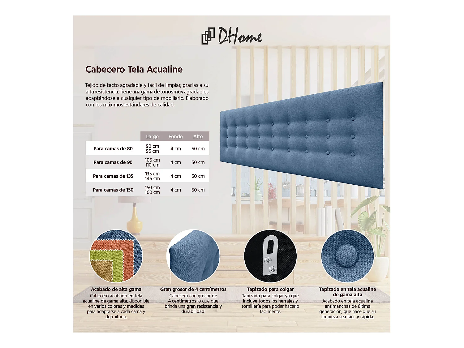 DHOME Kopfteil de Stoff ACUALINE mit 3 Knopfreihen und Beinen gepolstertes luxuriöses Bettkopfteil (Azul, 135cm)