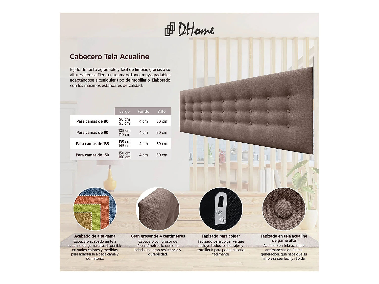 DHOME Testiera de tessuto ACUALINE con 3 file di bottoni e gambe testiera imbottita di lusso per letto (Marrón, 160cm)