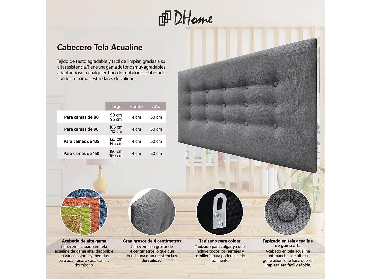 DHOME Testiera de tessuto ACUALINE con 3 file di bottoni e gambe testiera imbottita di lusso per letto (Gris Ceniza, 110cm)