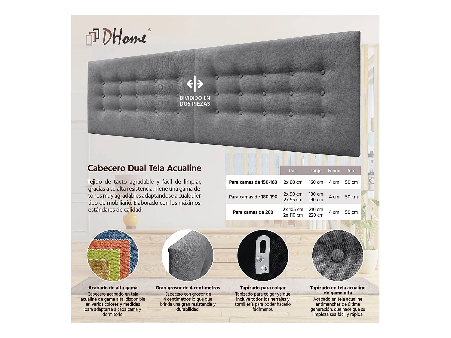 DHOME Tête de Lit en Tissu ACUALINE avec 3 Rangées de Boutons Tête de Lit Capitonnée de Luxe (Gris Ceniza, 210cm (2 pièces))