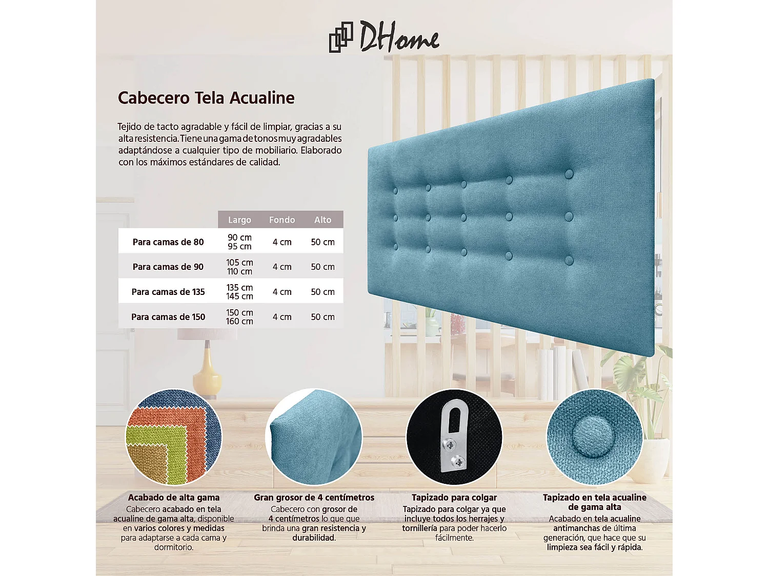 DHOME Tête de Lit en Tissu ACUALINE avec 3 Rangées de Boutons Tête de Lit Capitonnée de Luxe (Turquoise, 90cm)