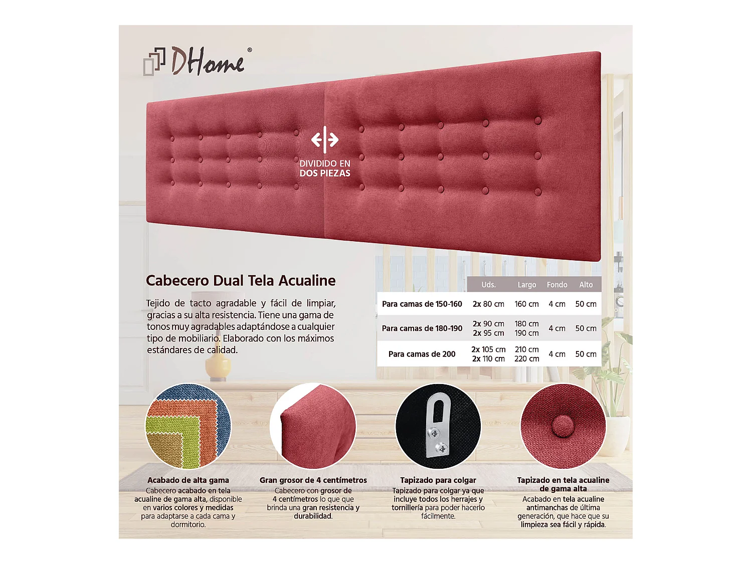 DHOME Testiera in Tessuto ACUALINE con 3 File di Bottoni Testiera Imbottita Letto di Lusso (Rosso, 180cm (2 pezzi))