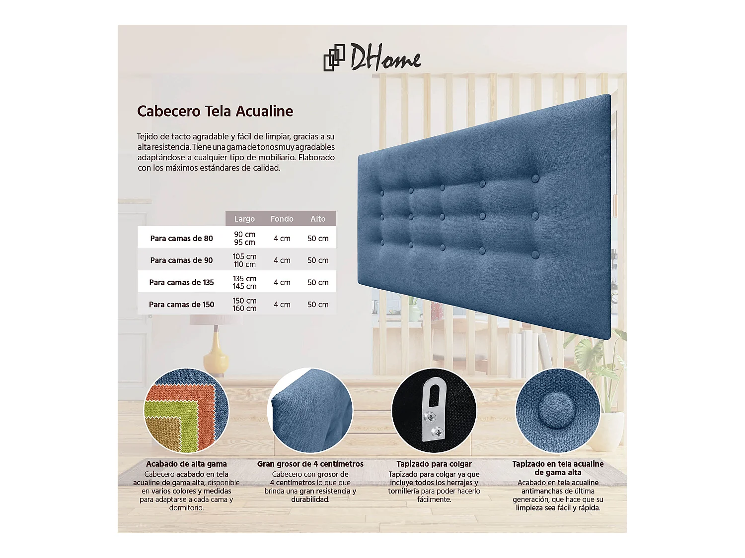 DHOME Kopfteil de Stoff ACUALINE mit 3 Knopfreihen und Beinen gepolstertes luxuriöses Bettkopfteil (Azul, 95cm)