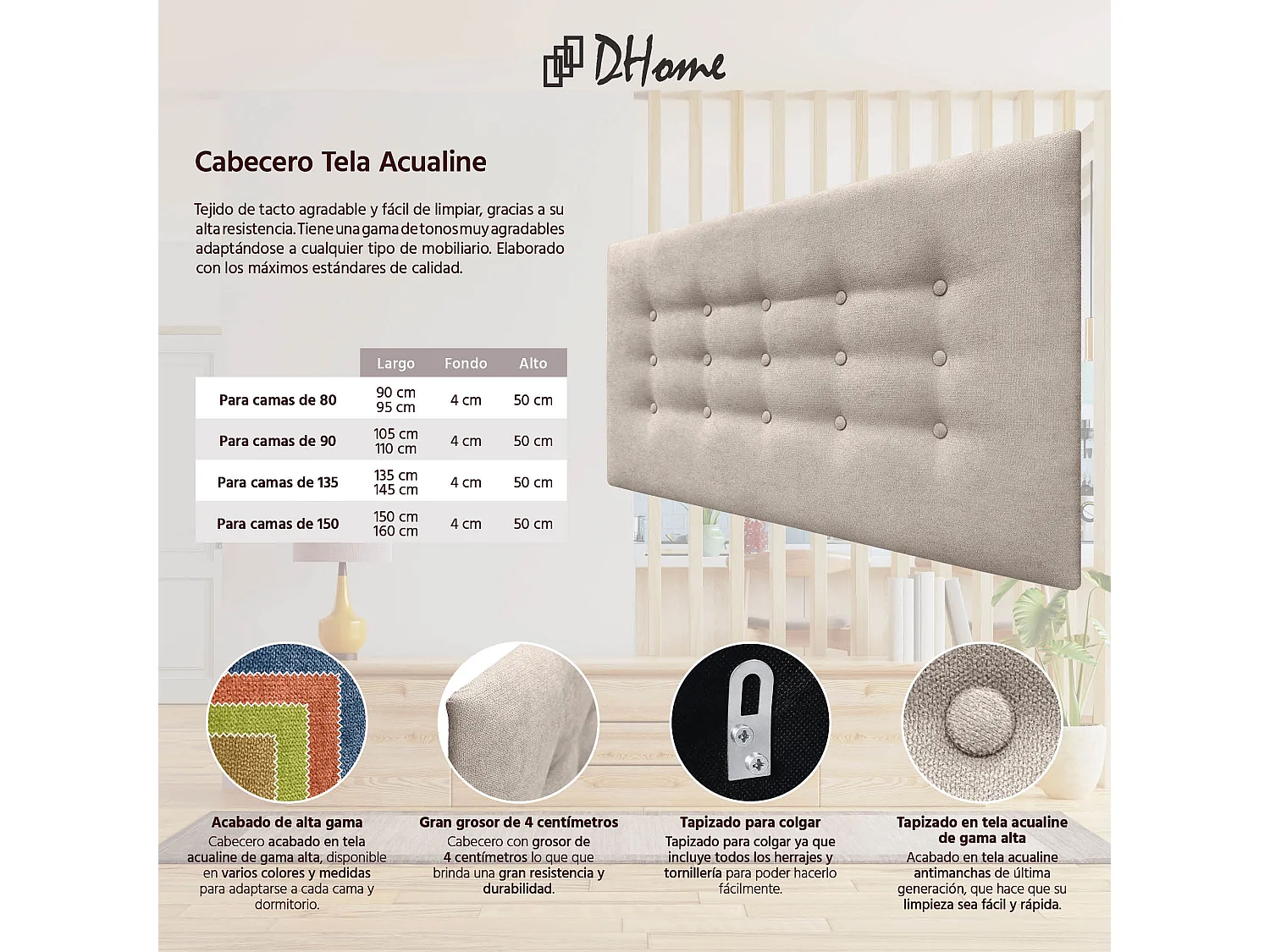 DHOME Tête de lit de tissu ACUALINE avec 3 rangées de boutons et pieds tête de lit capitonnée de luxe pour lit (Beige, 110cm)