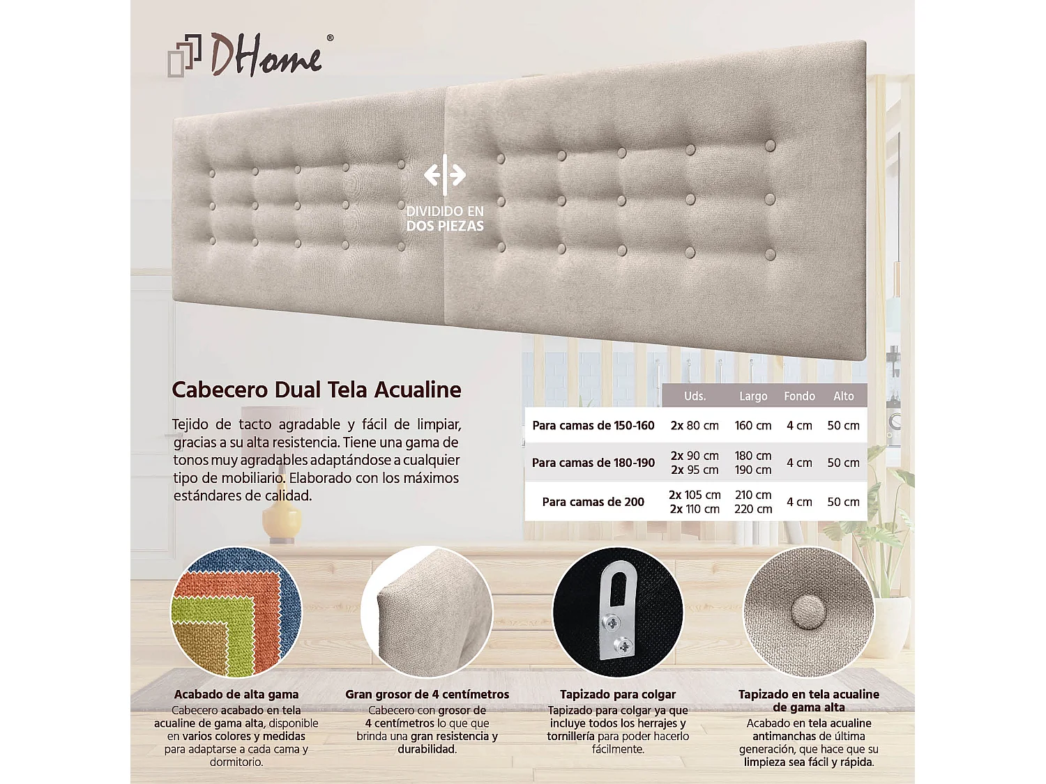 DHOME Hoofdbord de stof ACUALINE met 3 rijen knopen gepolsterd luxe hoofdbord voor bed (Beige, 210cm (2 piezas))