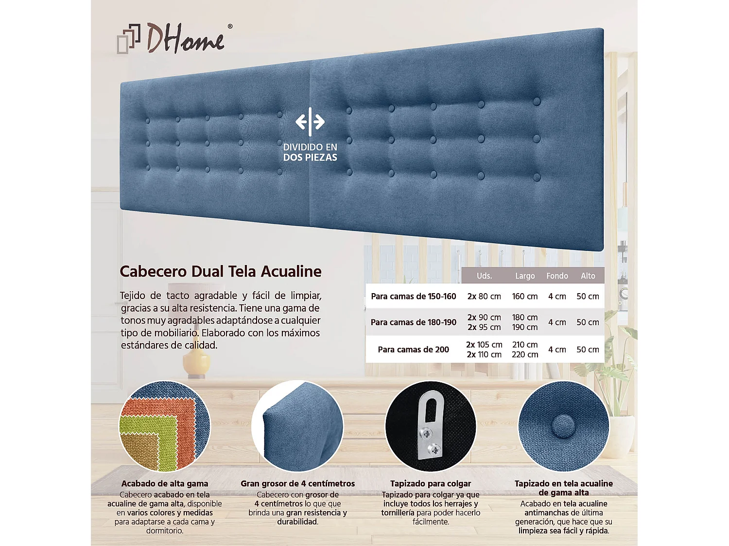 DHOME Hoofdbord de stof ACUALINE met 3 rijen knopen gepolsterd luxe hoofdbord voor bed (Azul, 160cm (2 piezas))