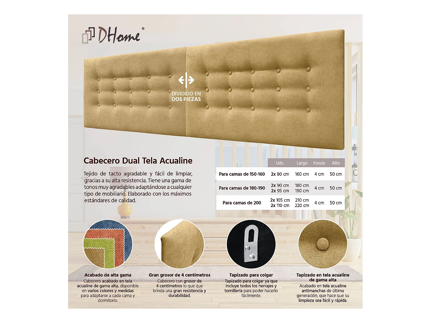 DHOME Tête de Lit en Tissu ACUALINE avec 3 Rangées de Boutons Tête de Lit Capitonnée de Luxe (Moutarde, 210cm (2 pièces))