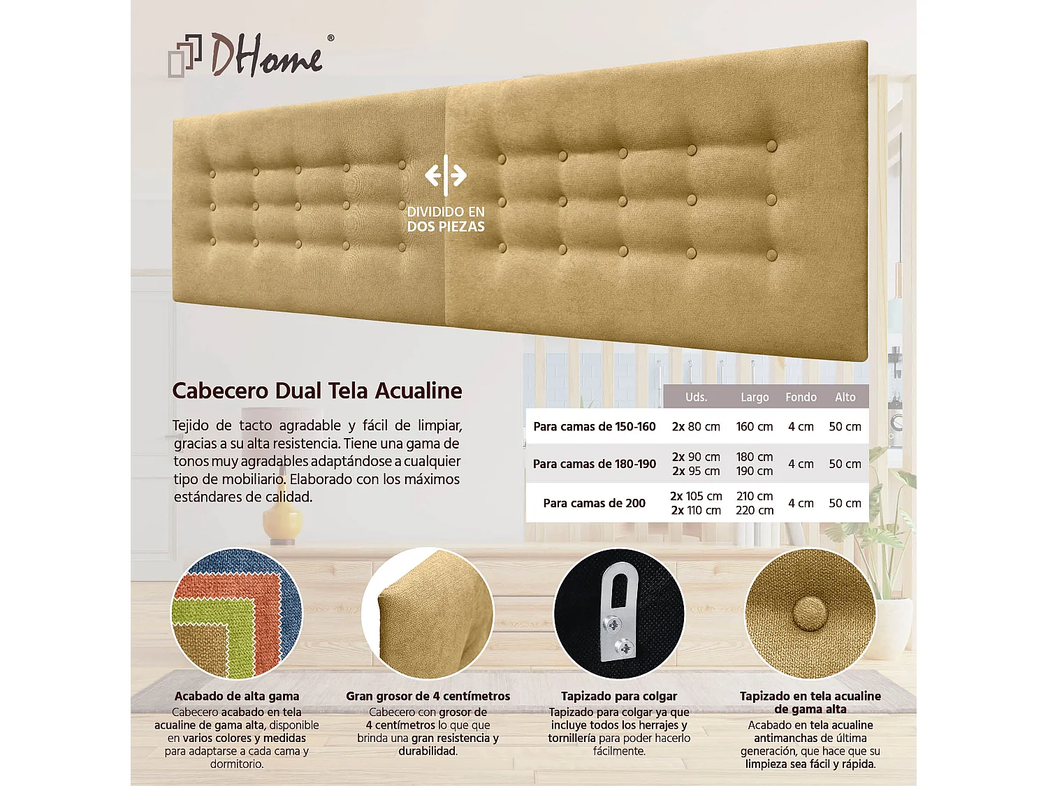 DHOME Kopfteil de Stoff ACUALINE mit 3 Knopfreihen gepolstertes luxuriöses Bettkopfteil (Mostaza, 210cm (2 piezas))