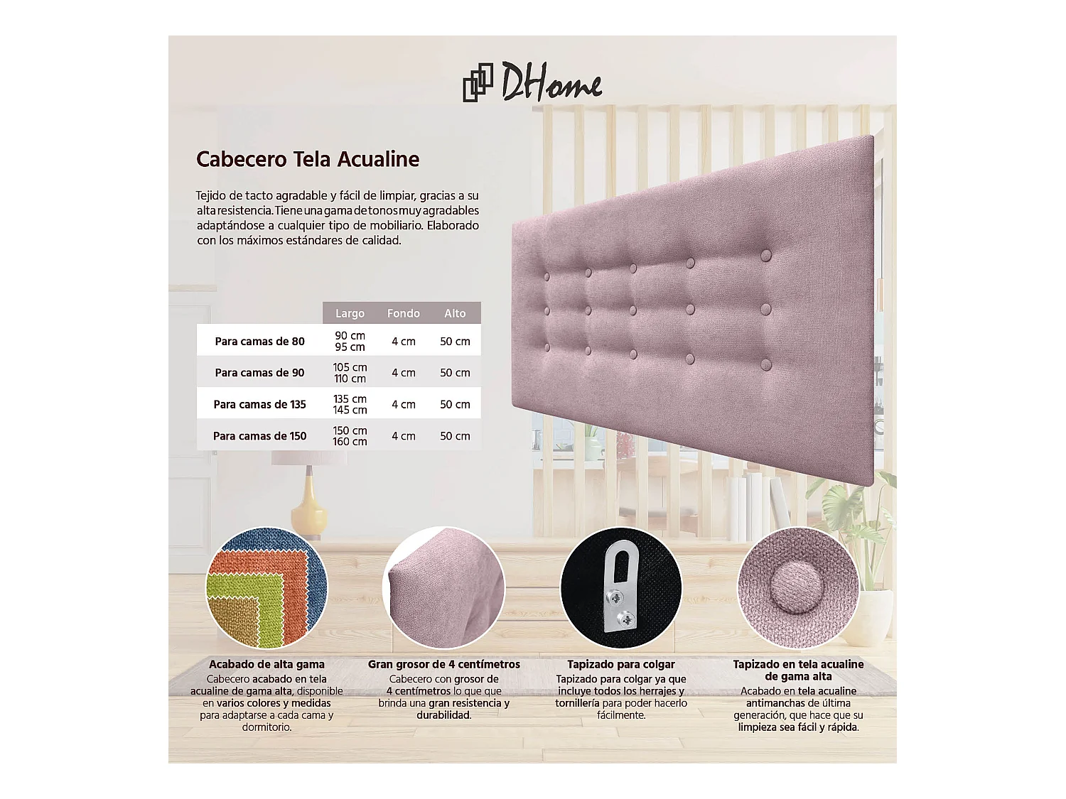 DHOME Tête de lit de tissu ACUALINE avec 3 rangées de boutons et pieds tête de lit capitonnée de luxe pour lit (Tierra, 95cm)