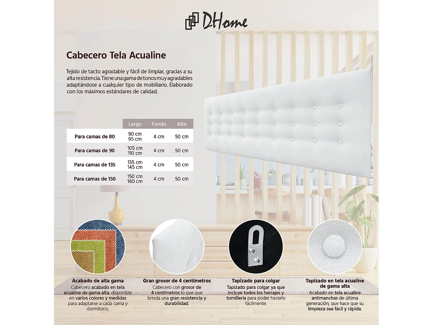 DHOME Tête de Lit en Tissu ACUALINE avec 3 Rangées de Boutons Tête de Lit Capitonnée de Luxe (Blanc, 150cm)