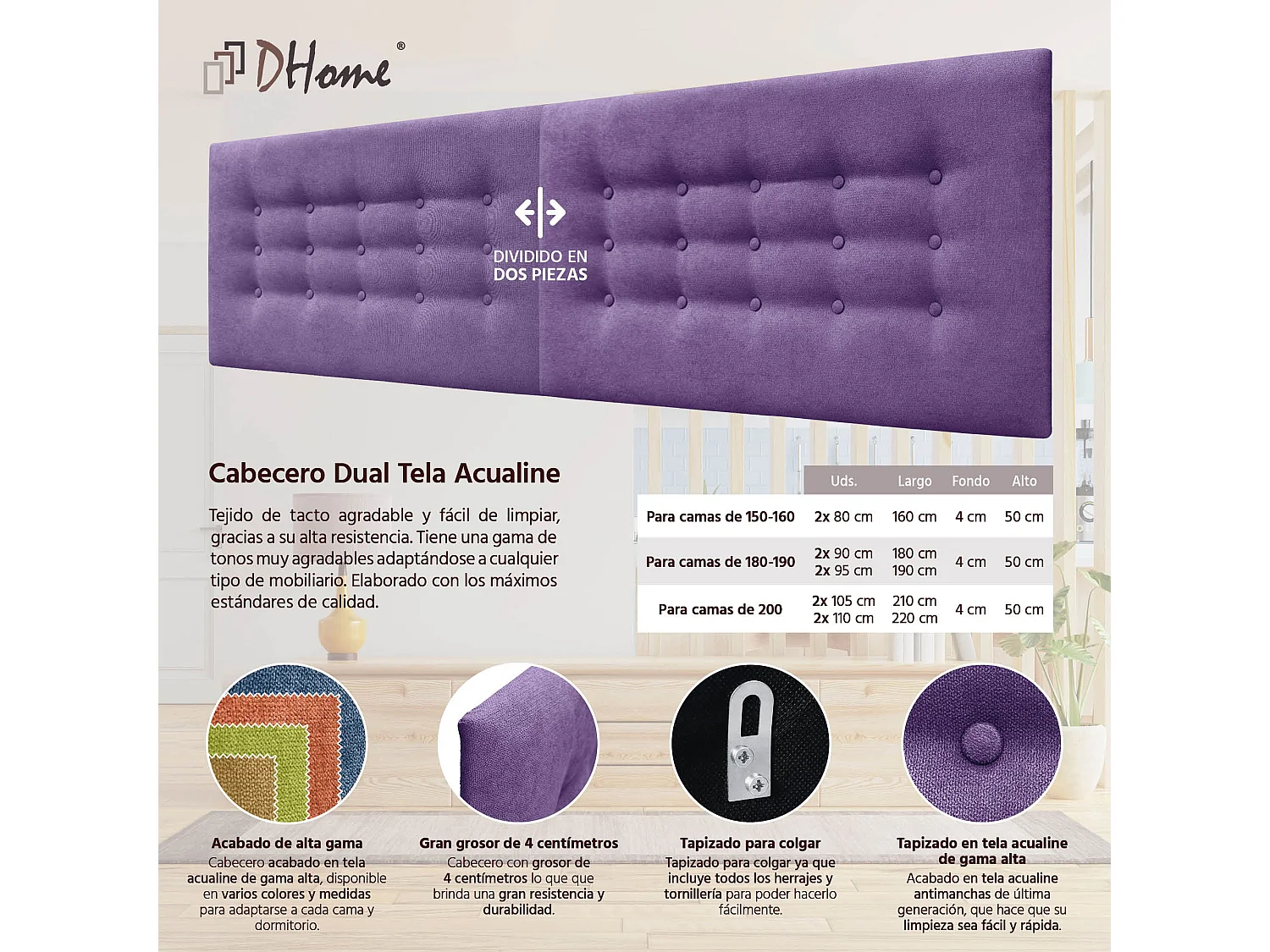 DHOME Tête de Lit en Tissu ACUALINE avec 3 Rangées de Boutons Tête de Lit Capitonnée de Luxe (Lilas, 220cm (2 pièces))