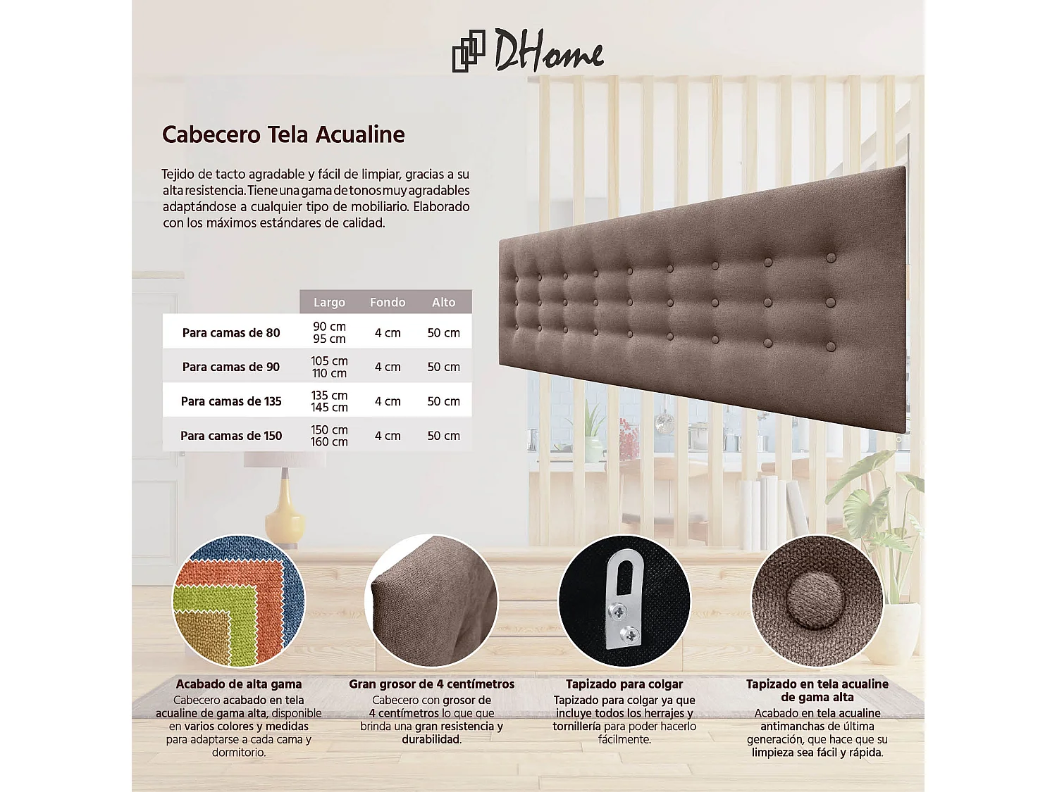 DHOME Cabeceira de Tecido ACUALINE com 3 Fileiras de Botões Cabeceira Estofada Cama de Luxo (Marrón, 145cm)