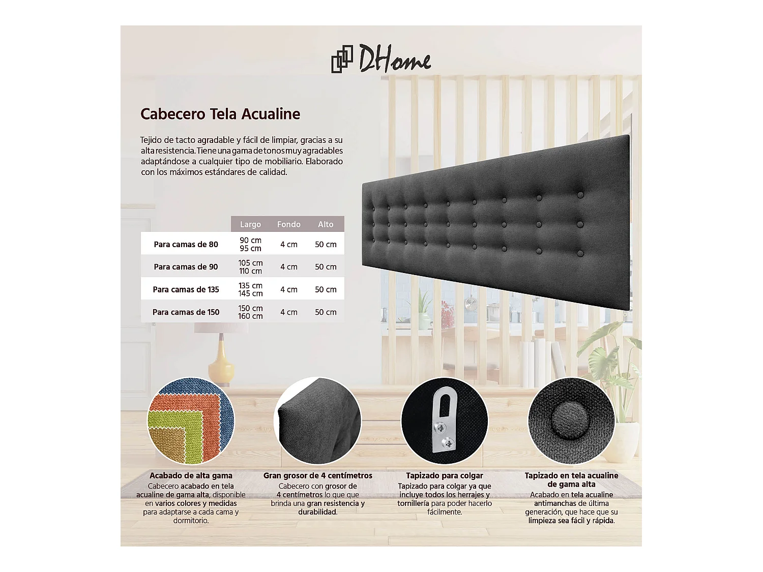 DHOME Kopfteil de Stoff ACUALINE mit 3 Knopfreihen und Beinen gepolstertes luxuriöses Bettkopfteil (Rojo, 150cm)