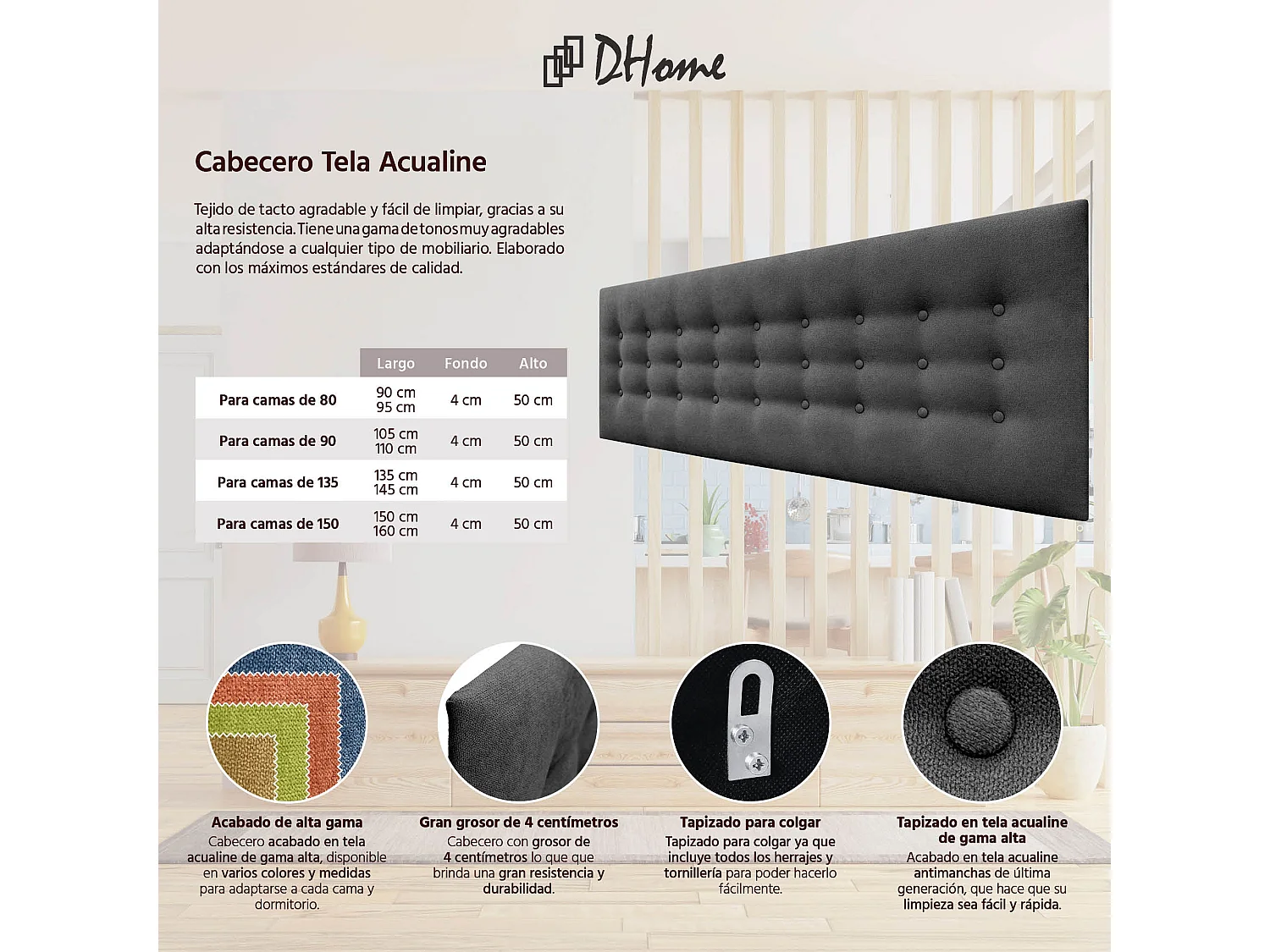 DHOME Tête de Lit en Tissu ACUALINE avec 3 Rangées de Boutons Tête de Lit Capitonnée de Luxe (Noir, 135cm)
