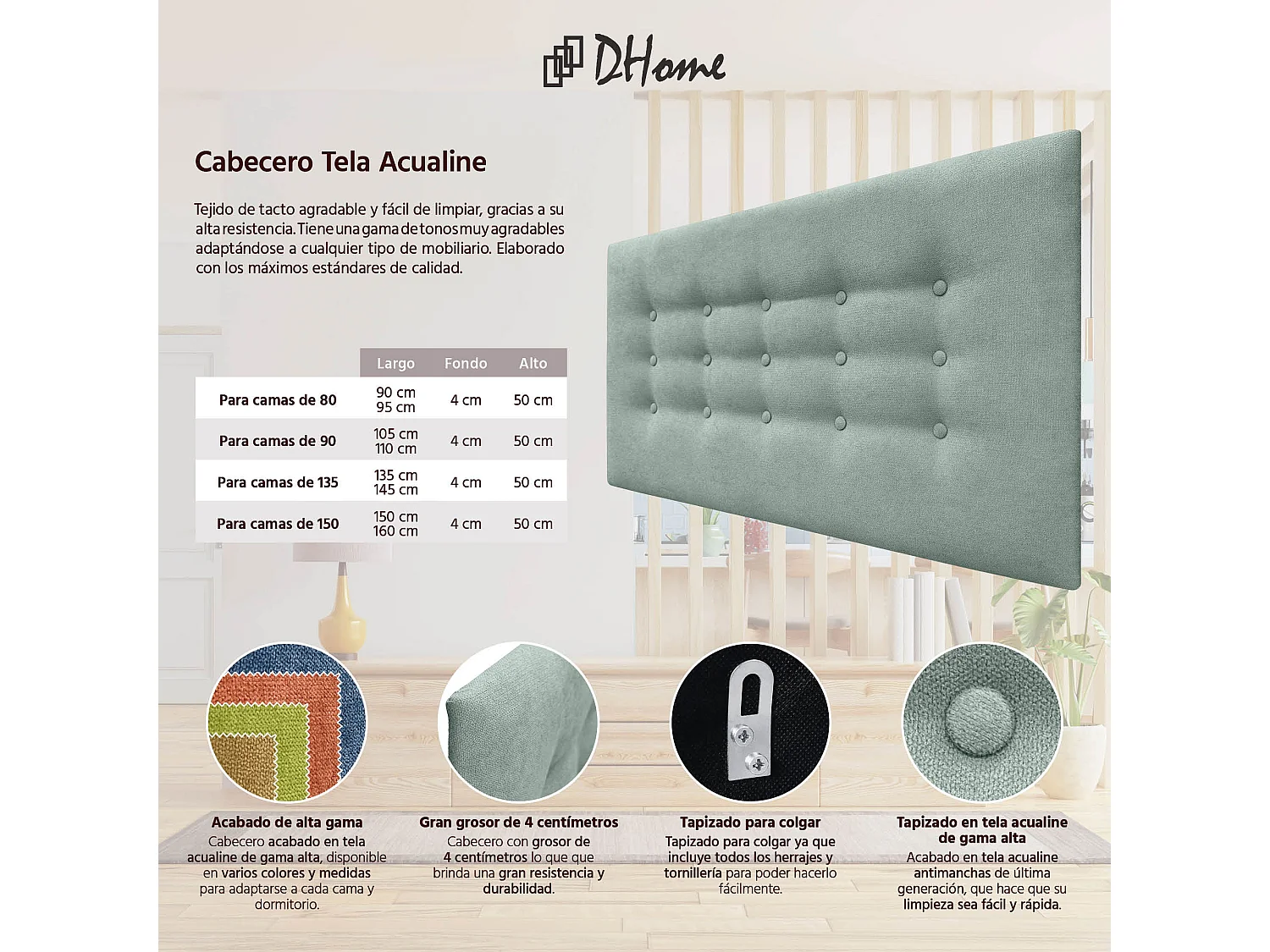 DHOME Tête de Lit en Tissu ACUALINE avec 3 Rangées de Boutons Tête de Lit Capitonnée de Luxe (Vert d’eau, 90cm)