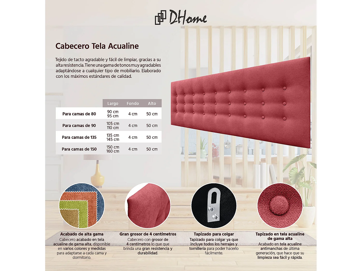 DHOME Cabeceira de tecido ACUALINE com 3 fileiras de botões e pés cabeceira estofada de luxo para cama (Salmón, 145cm)