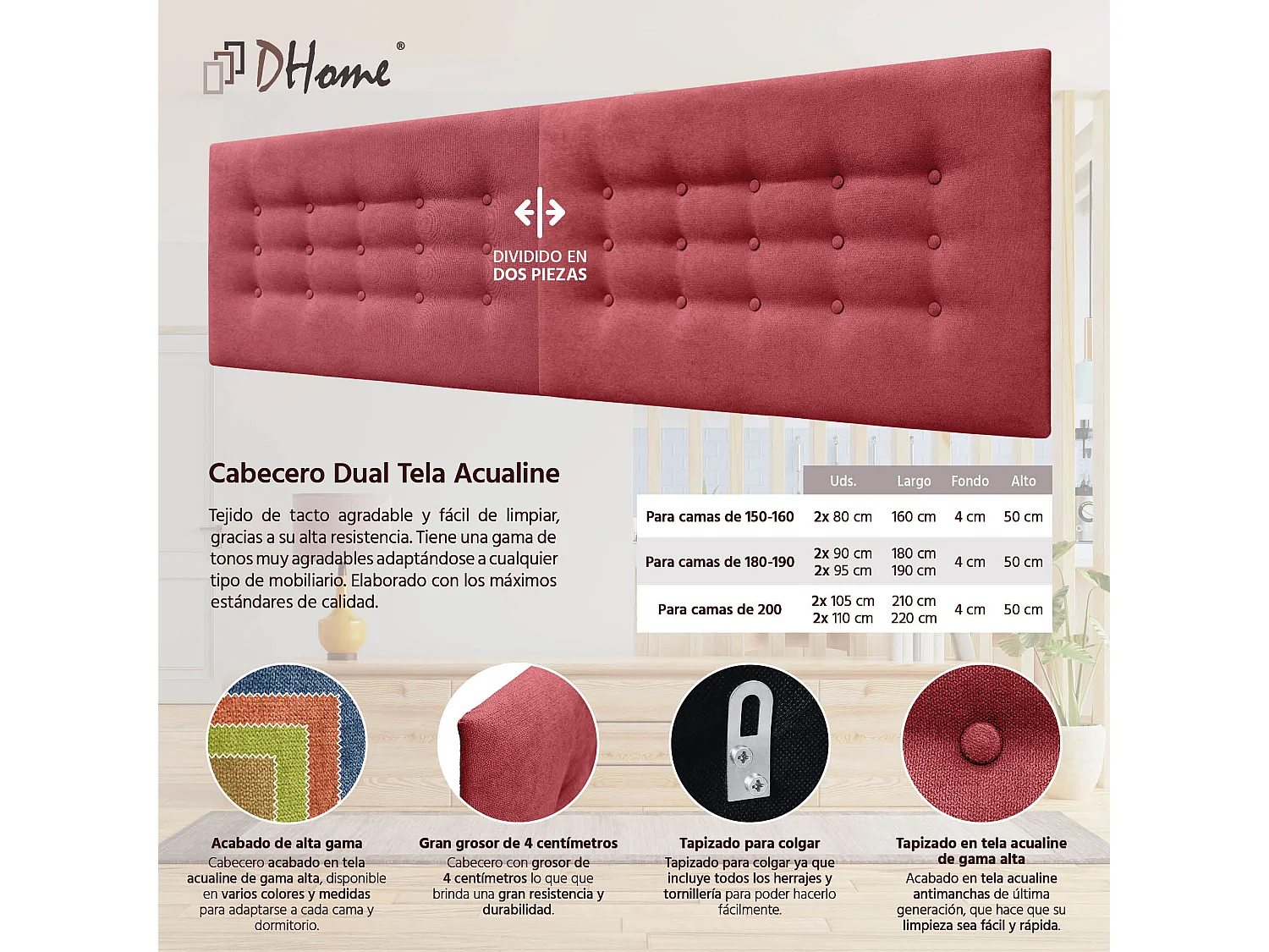 DHOME Testiera in Tessuto ACUALINE con 3 File di Bottoni Testiera Imbottita Letto di Lusso (Rosso, 210cm (2 pezzi))