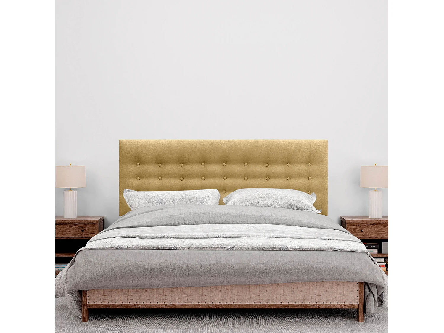 DHOME Tête de lit de tissu ACUALINE avec 3 rangées de boutons et pieds tête de lit capitonnée de luxe pour lit (Mostaza, 135cm)