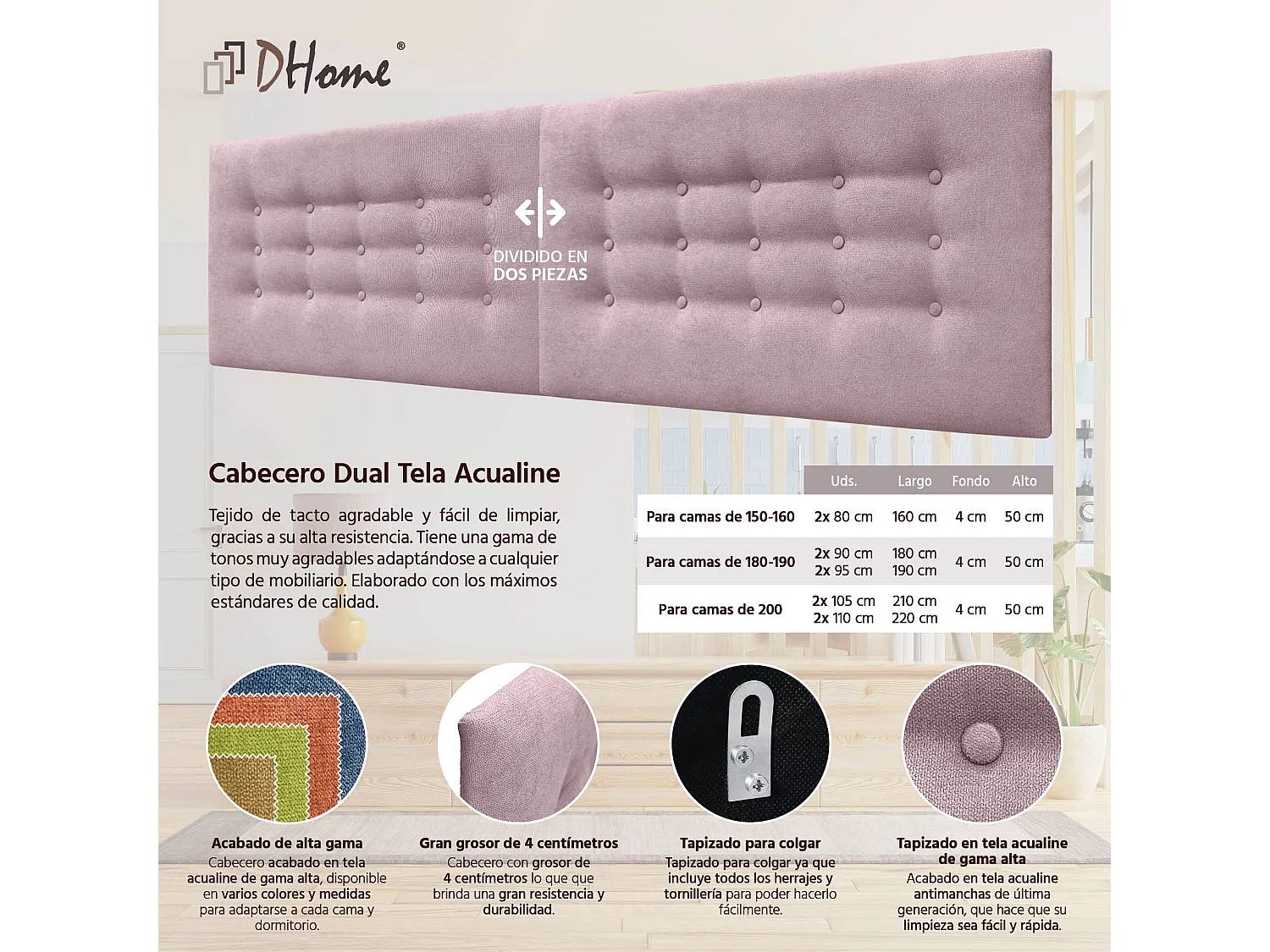 DHOME Tête de Lit en Tissu ACUALINE avec 3 Rangées de Boutons Tête de Lit Capitonnée de Luxe (Salmón, 220cm (2 pièces))