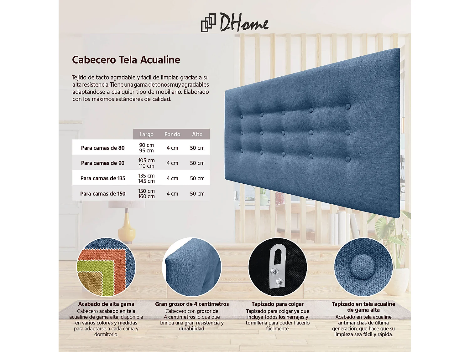DHOME Tête de lit de tissu ACUALINE avec 3 rangées de boutons et pieds tête de lit capitonnée de luxe pour lit (Azul, 105cm)