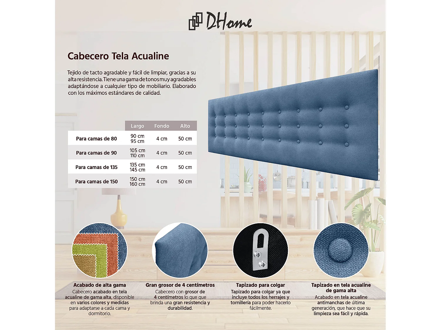 DHOME Hoofdbord de stof ACUALINE met 3 rijen knopen en poten gepolsterd luxe hoofdbord voor bed (Azul, 160cm)